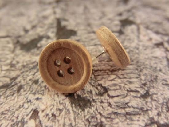 Preview: Rustikale Natur Holz Knopf Ohrstecker Button Roh